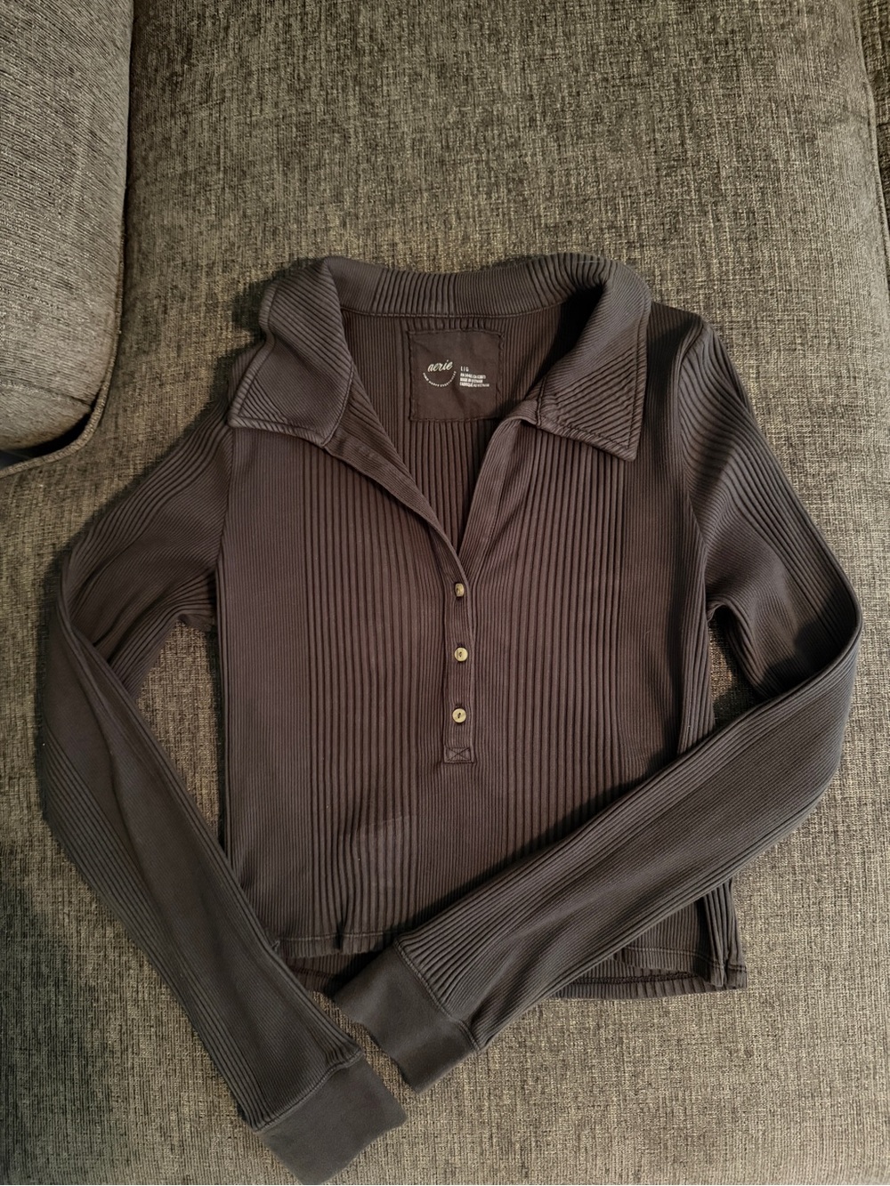 aerie Ribbed Long Sleeve Polo Top - Black